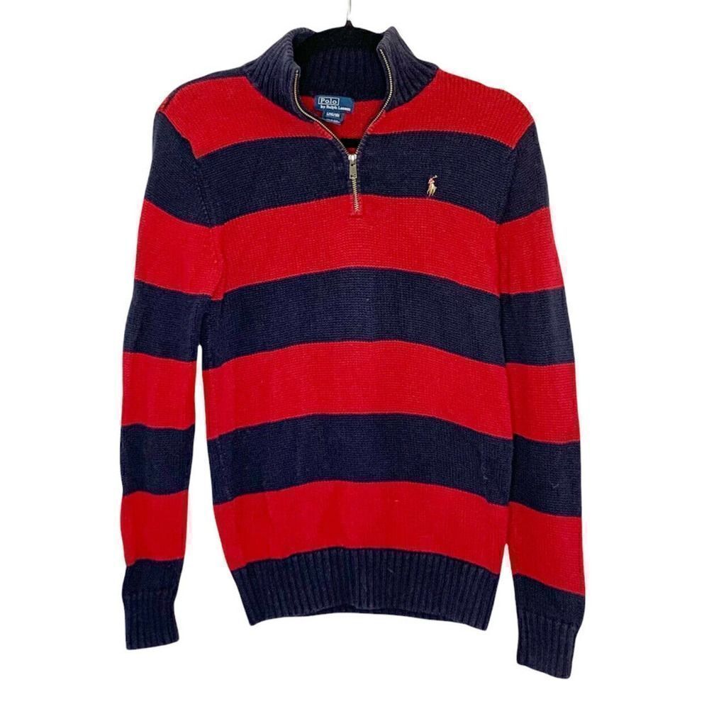 Ralph Lauren Polo Boy’s 1/4 Zip Navy Blue & Red Cotton Sweater Size Large 16-18